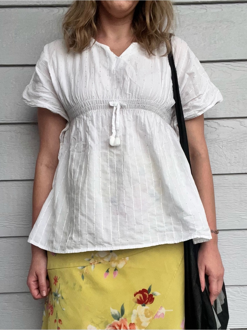 Zara White Short-Sleeve Peasant Blouse with Tie